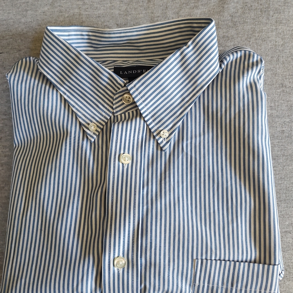 Lands' End Men's Blue and White Striped Dress Shirt Size 16.5 Sleeve 35